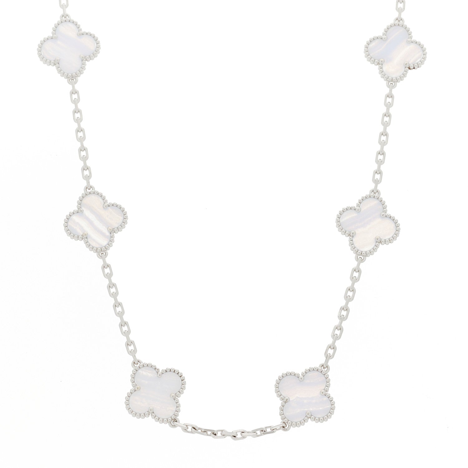 Van Cleef & Arpels 18K White Gold Chalcedony 10 Motifs Vintage Alhambra Necklace 1 of 6