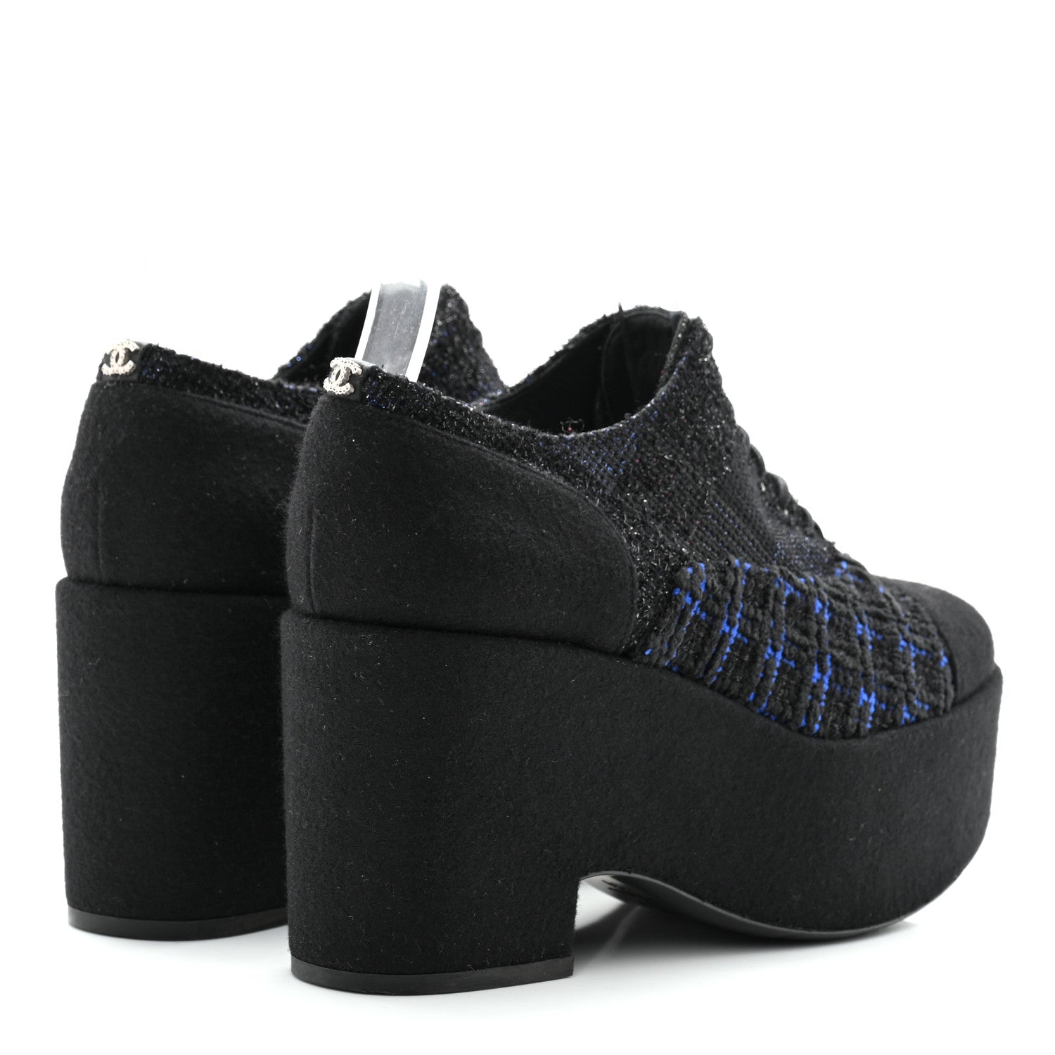 Chanel Tweed Lace Up Platform Oxfords 38 Black Blue 4 of 12