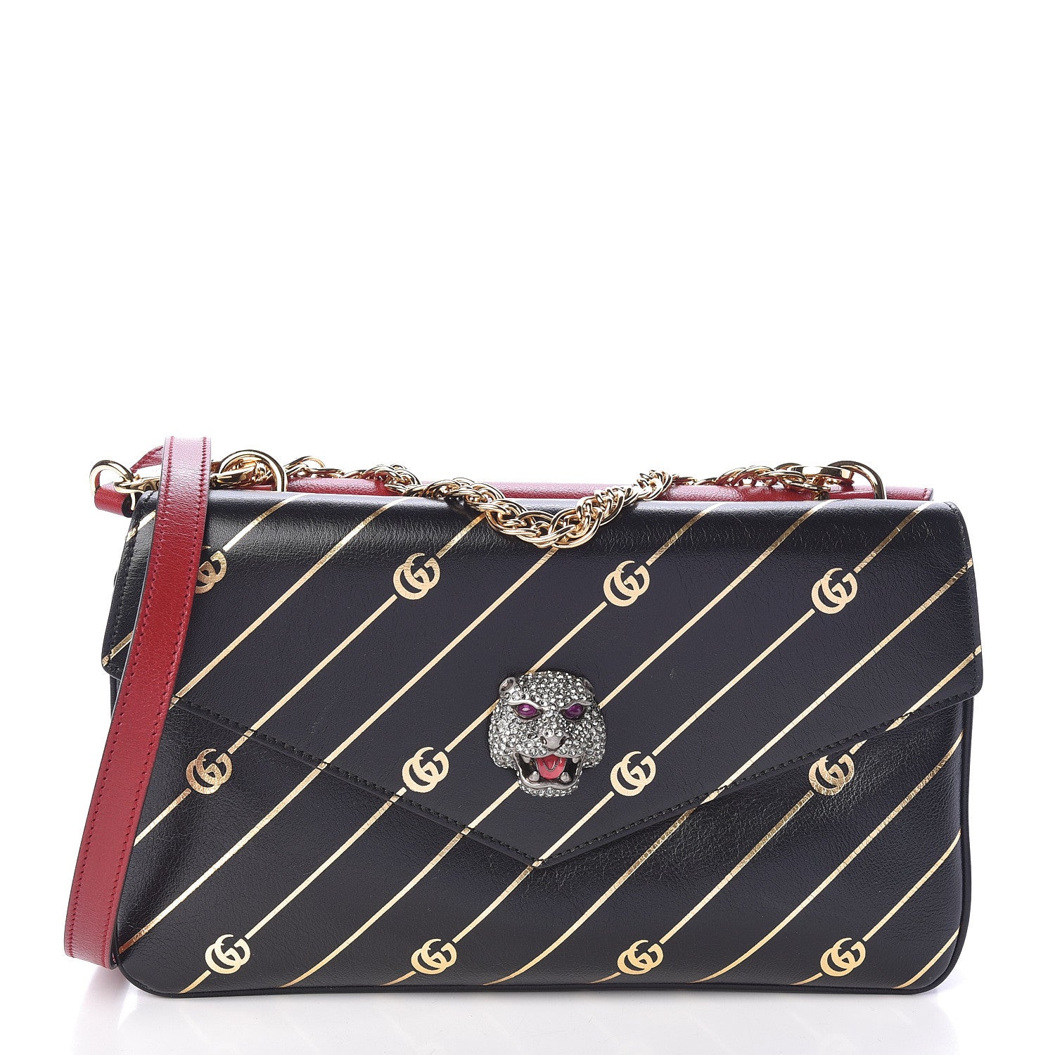 Gucci Calfskin Diagonal GG Medium Thiara Double Envelope Shoulder Bag Black Red 1 of 18