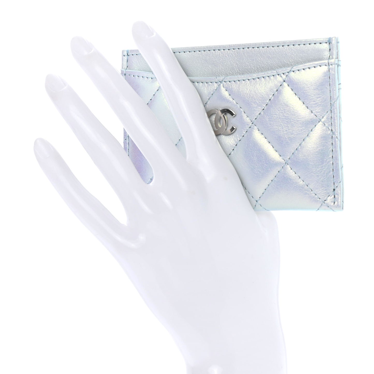 Iridescent Calfskin Quilted Card Holder Light Blue