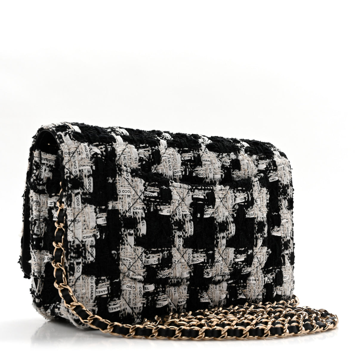 Chanel Tweed Quilted Wallet On Chain WOC Black Ecru White 3 of 14