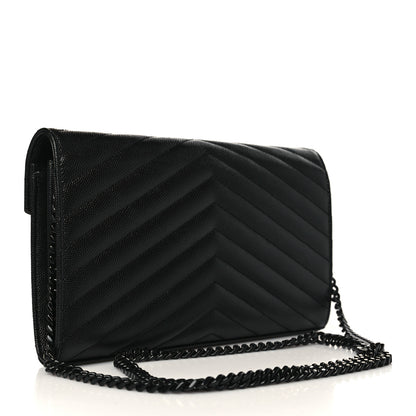 Saint Laurent Grain De Poudre Matelasse Chevron Monogram Monochrome Chain Wallet Black 2 of 8