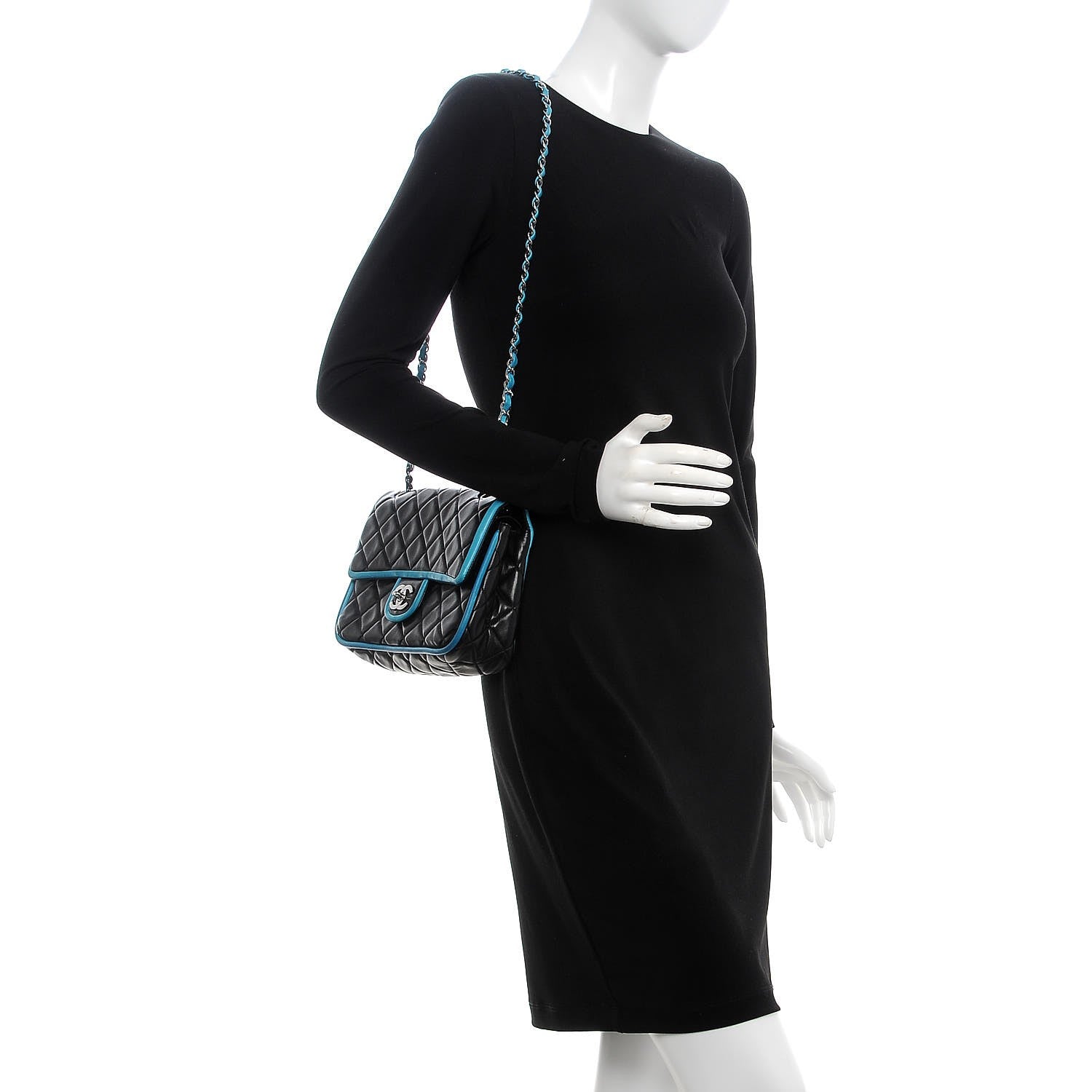 Chanel Lambskin Quilted Medium Double Flap Black Turquoise 2 of 13