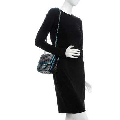 Chanel Lambskin Quilted Medium Double Flap Black Turquoise 2 of 13