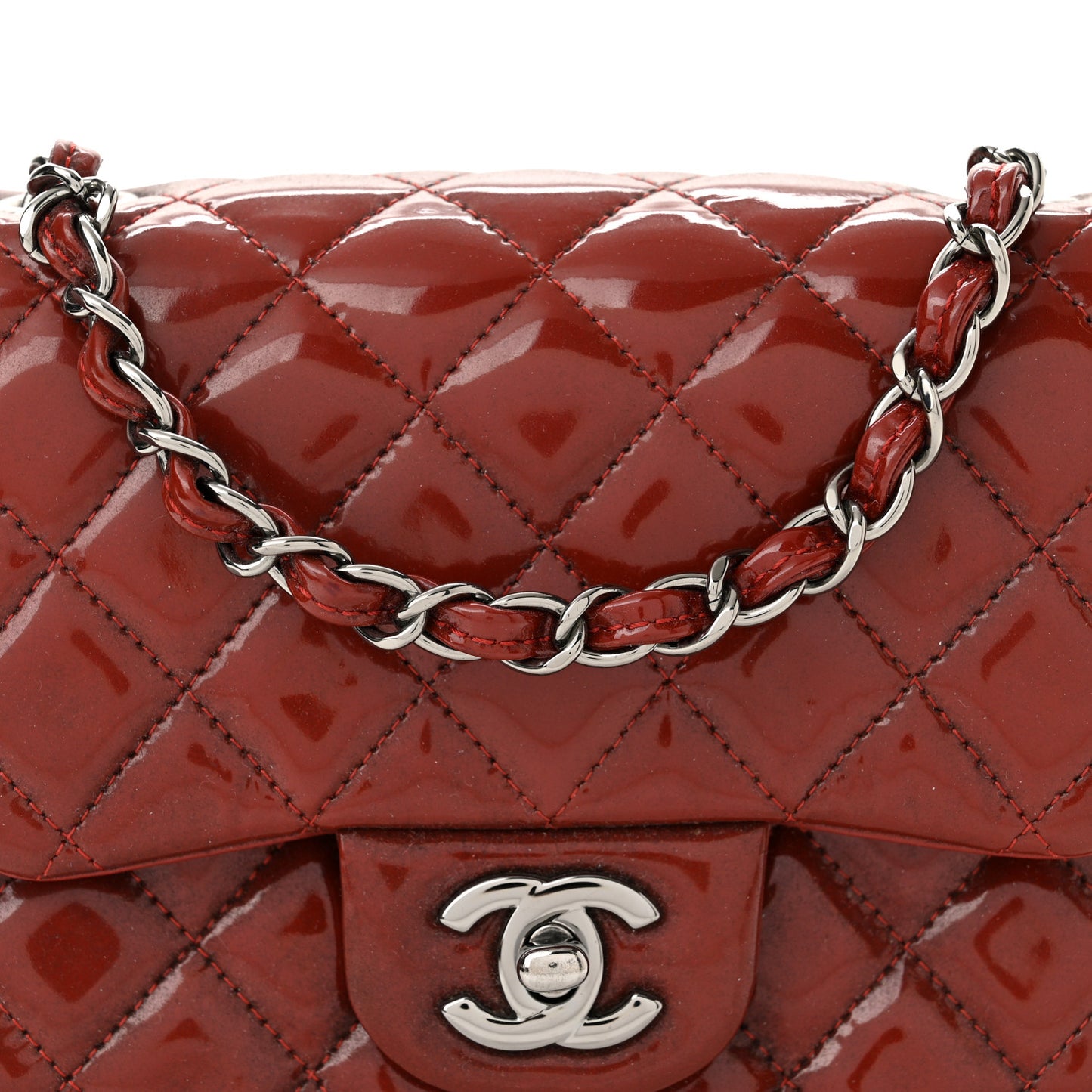 Patent Quilted Mini Square Flap Dark Red
