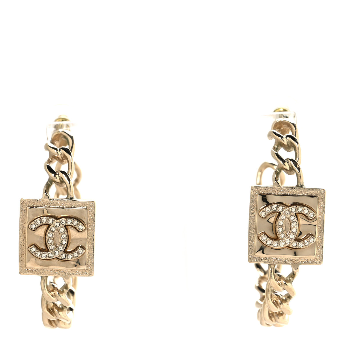 Metal Crystal CC Square Chain Hoop Earrings Gold