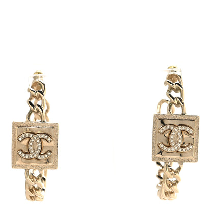 Chanel Metal Crystal CC Square Chain Hoop Earrings Gold 1 of 5