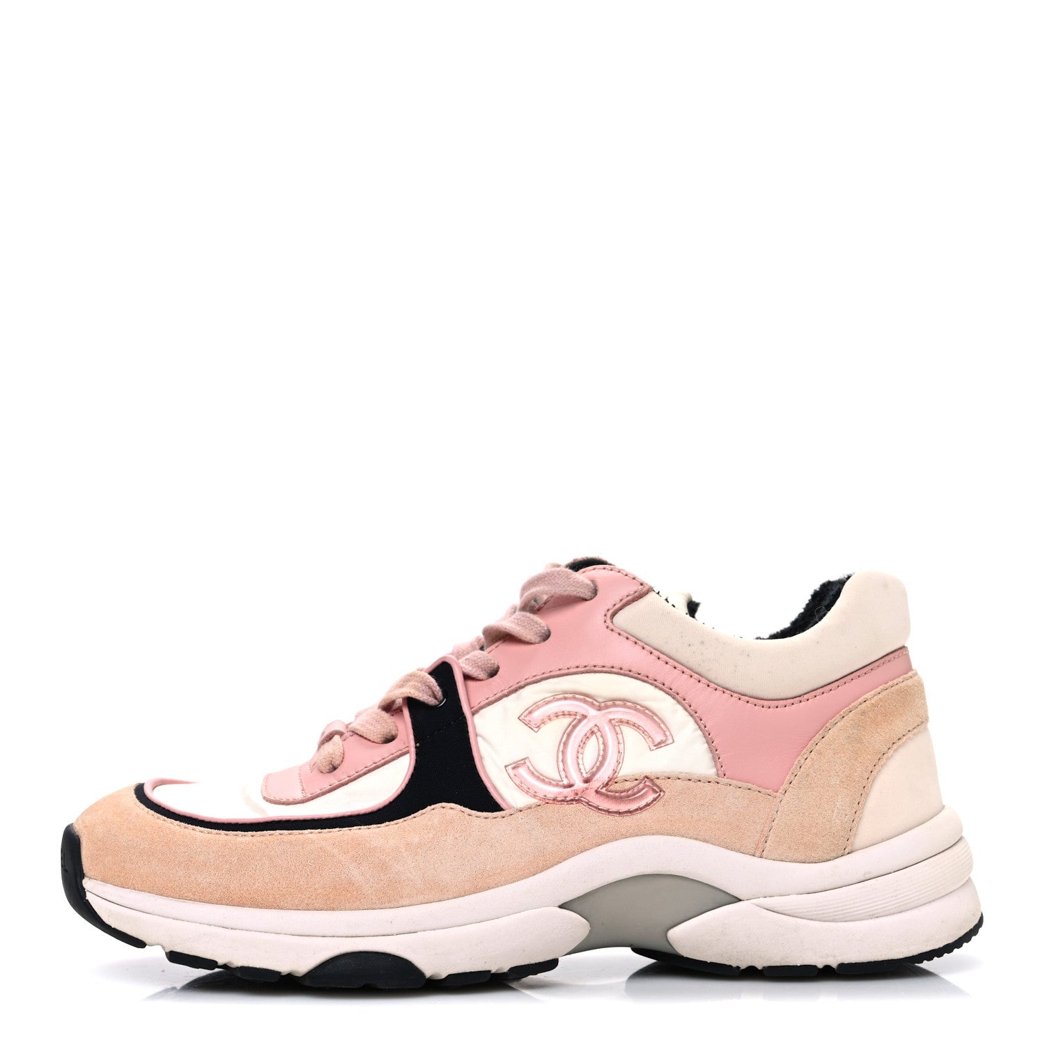 Chanel Nylon Lambskin Suede Calfskin CC Sneakers 35 Pink White Black 1 of 9