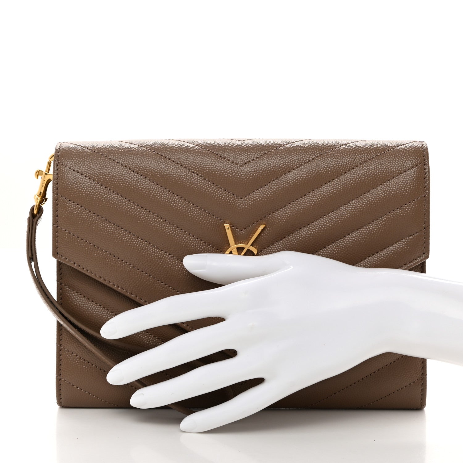 Saint Laurent Grain De Poudre Matelasse Chevron Monogram Cassandre Flap Pouch Taupe 2 of 8