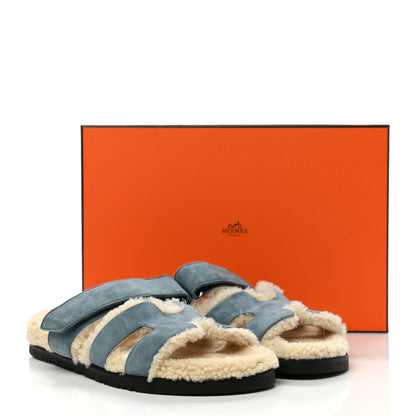 Hermes Suede Goatskin Woolskin Womens Chypre Sandals 37 Bleu Pinede Ecru 8 of 8