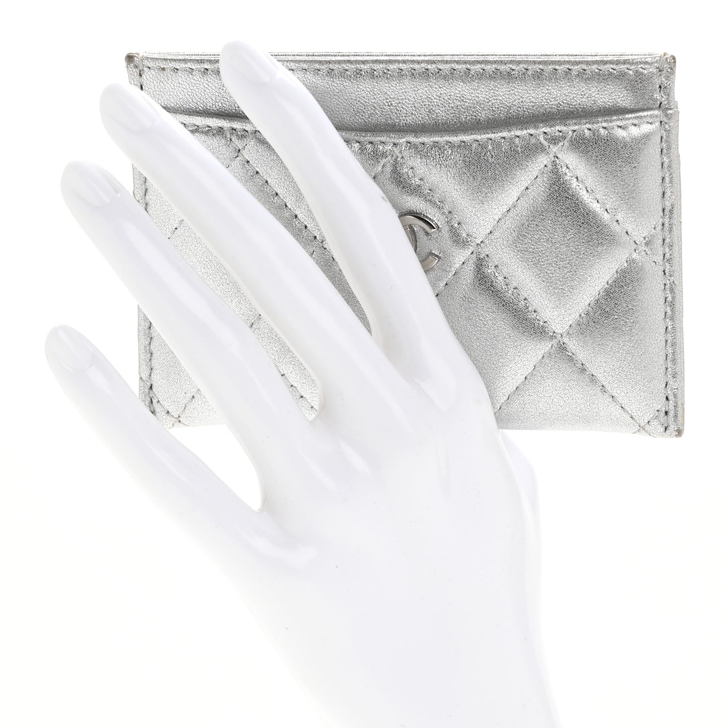 Metallic Lambskin Quilted CC Card Holder Silver