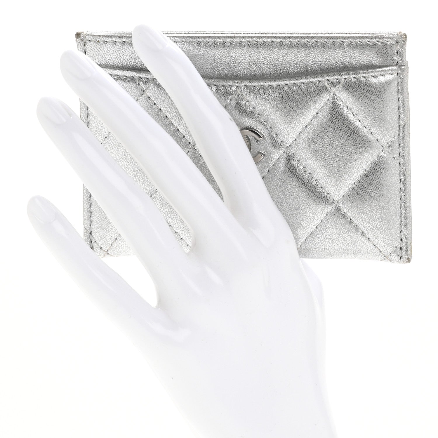Chanel Metallic Lambskin Quilted CC Card Holder Silver 2 of 10