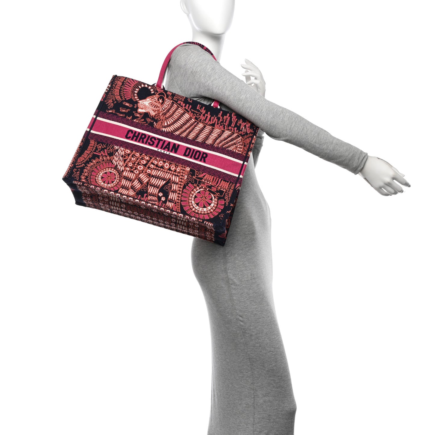 Canvas Embroidered Dior Animals Tiger Book Tote Deep Blue Fuchsia