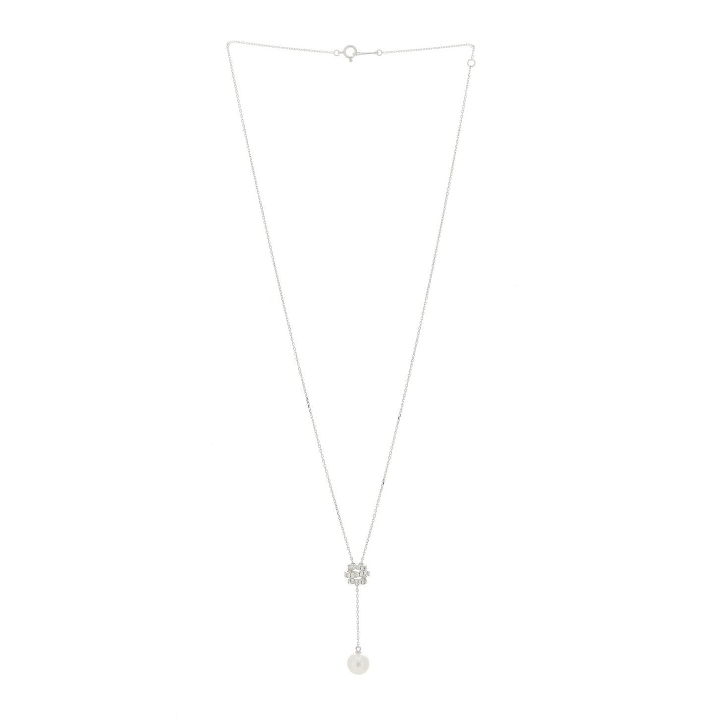 18K White Gold Diamond Akoya Pearl 7.5-8mm Lariat Necklace