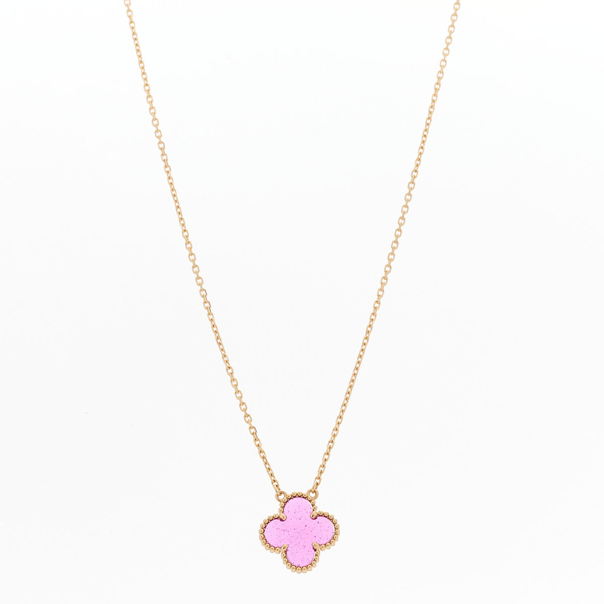 Van Cleef & Arpels 18K Yellow Gold Pink Enamel Vintage Alhambra Pendant Necklace 1 of 7