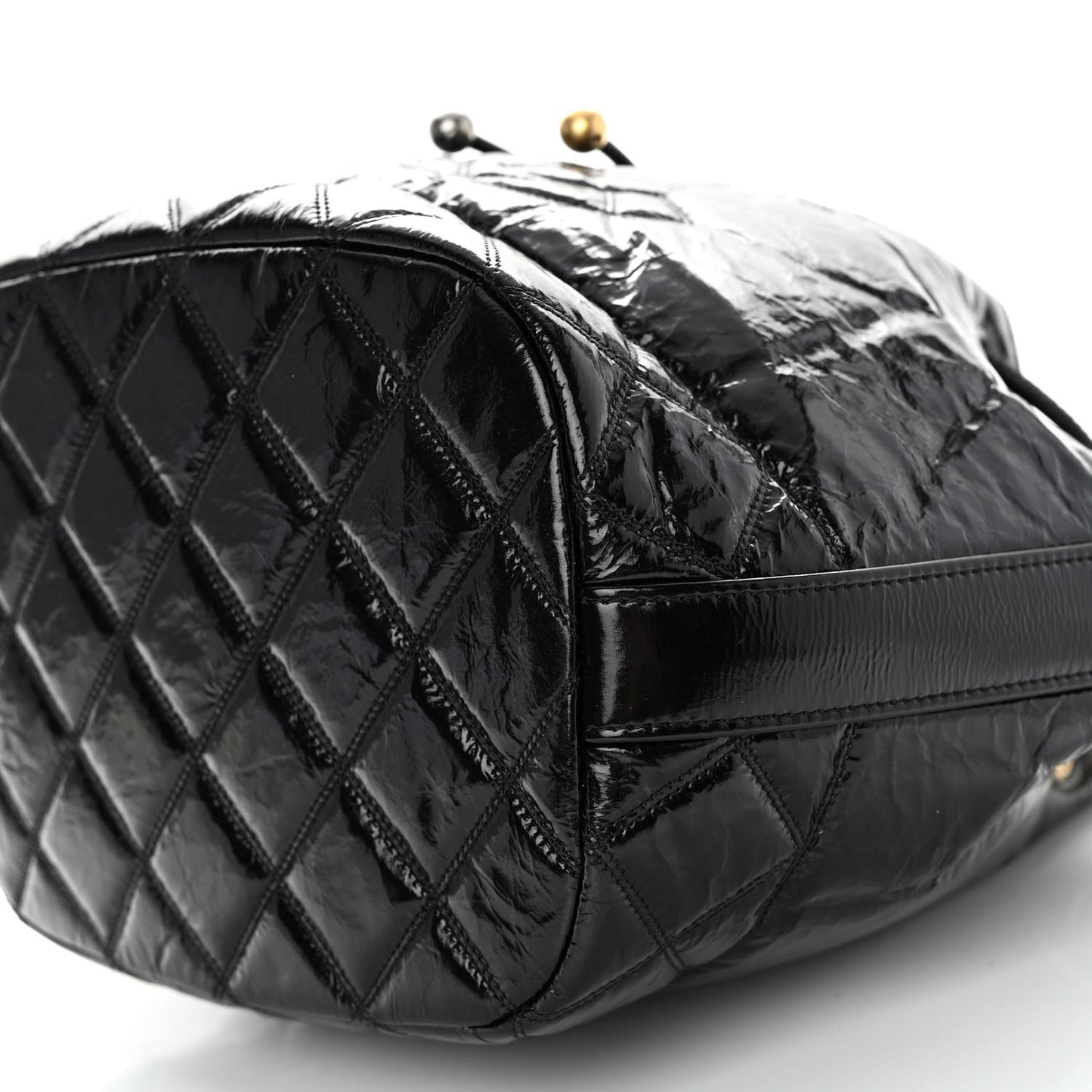 Shiny Aged Calfskin CC Chain Drawstring Bag Black