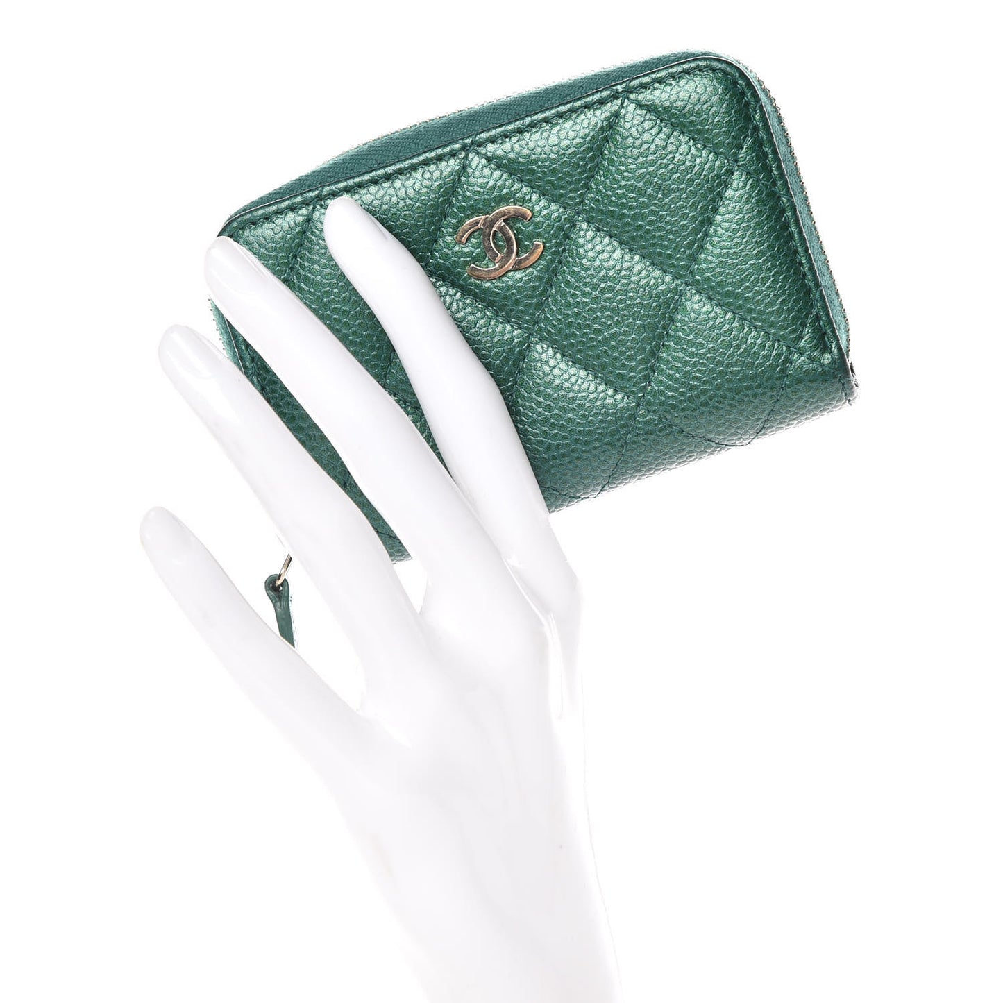 Metallic Caviar Quilted Zip Coin Purse Green