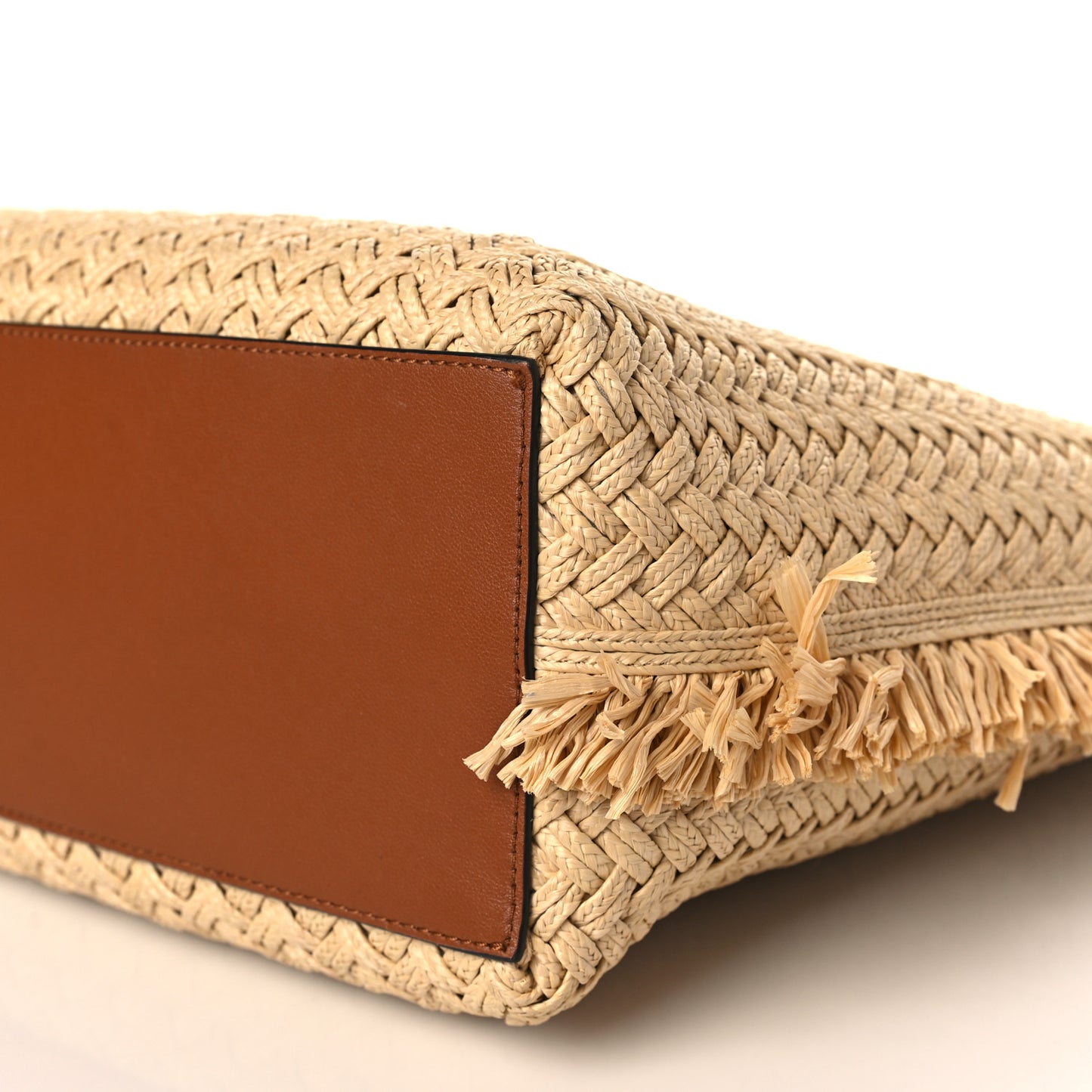 Raffia Calfskin Rockstud Shoulder Tote Naturale Saddle Brown