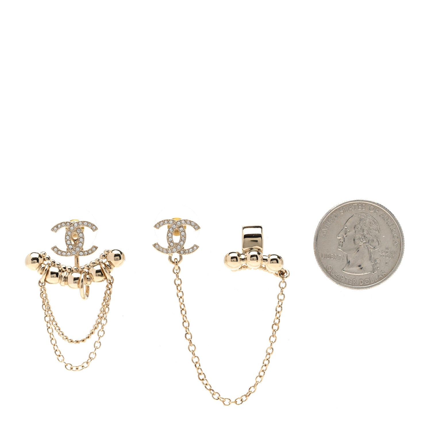 Chanel Metal Crystal CC Chain Cuff Earrings Gold 2 of 5