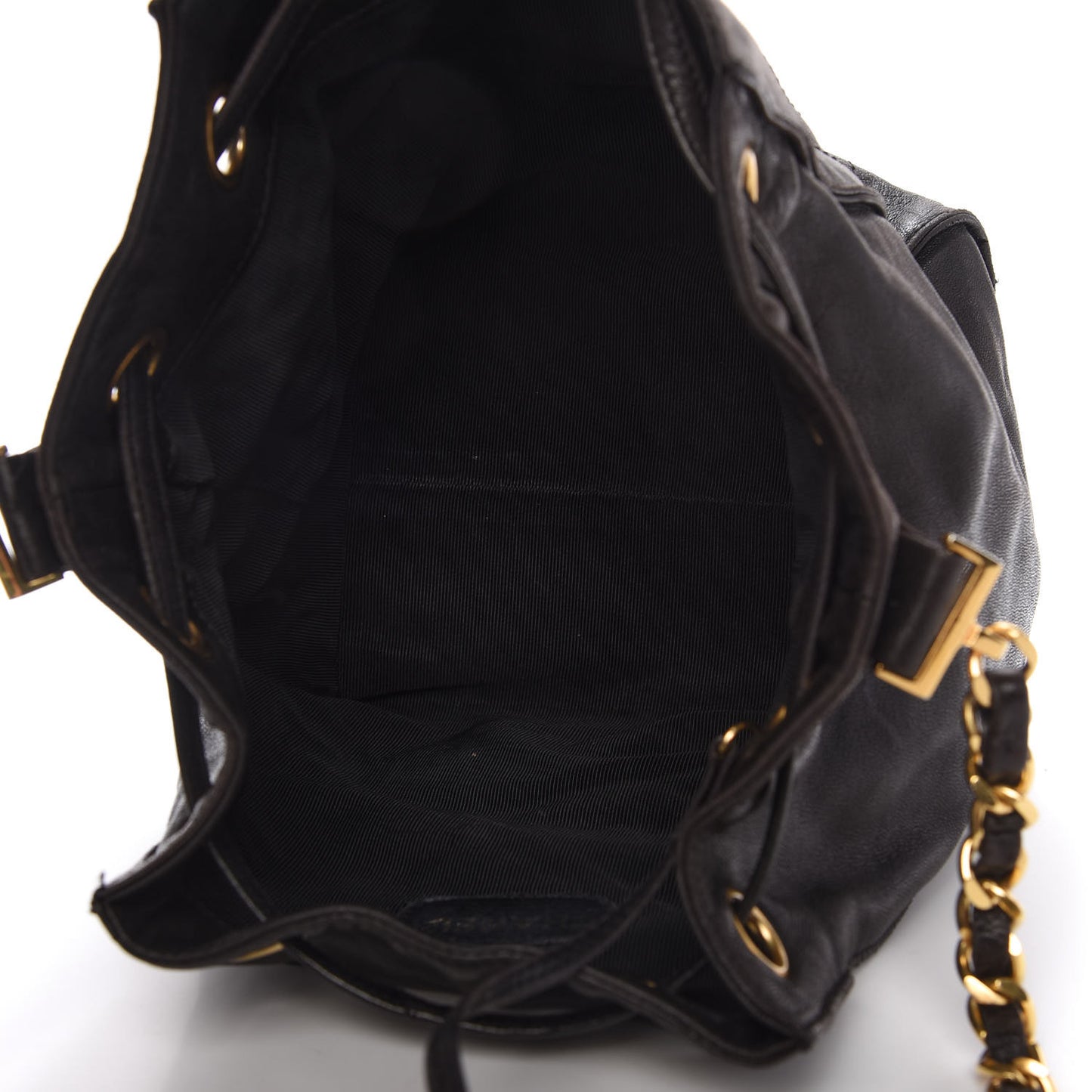 Lambskin CC Stitched Drawstring Bucket Bag Black