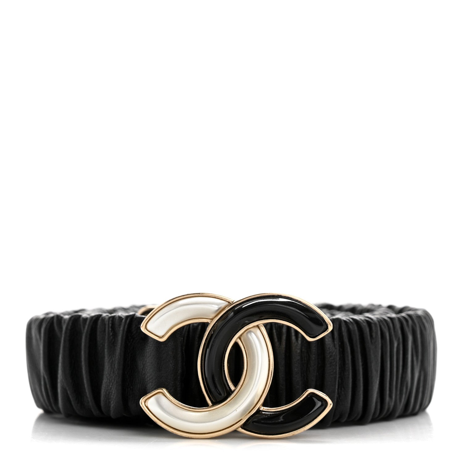 Chanel Lambskin Metal Ruched Chain CC Belt 75 30 Black White 1 of 5