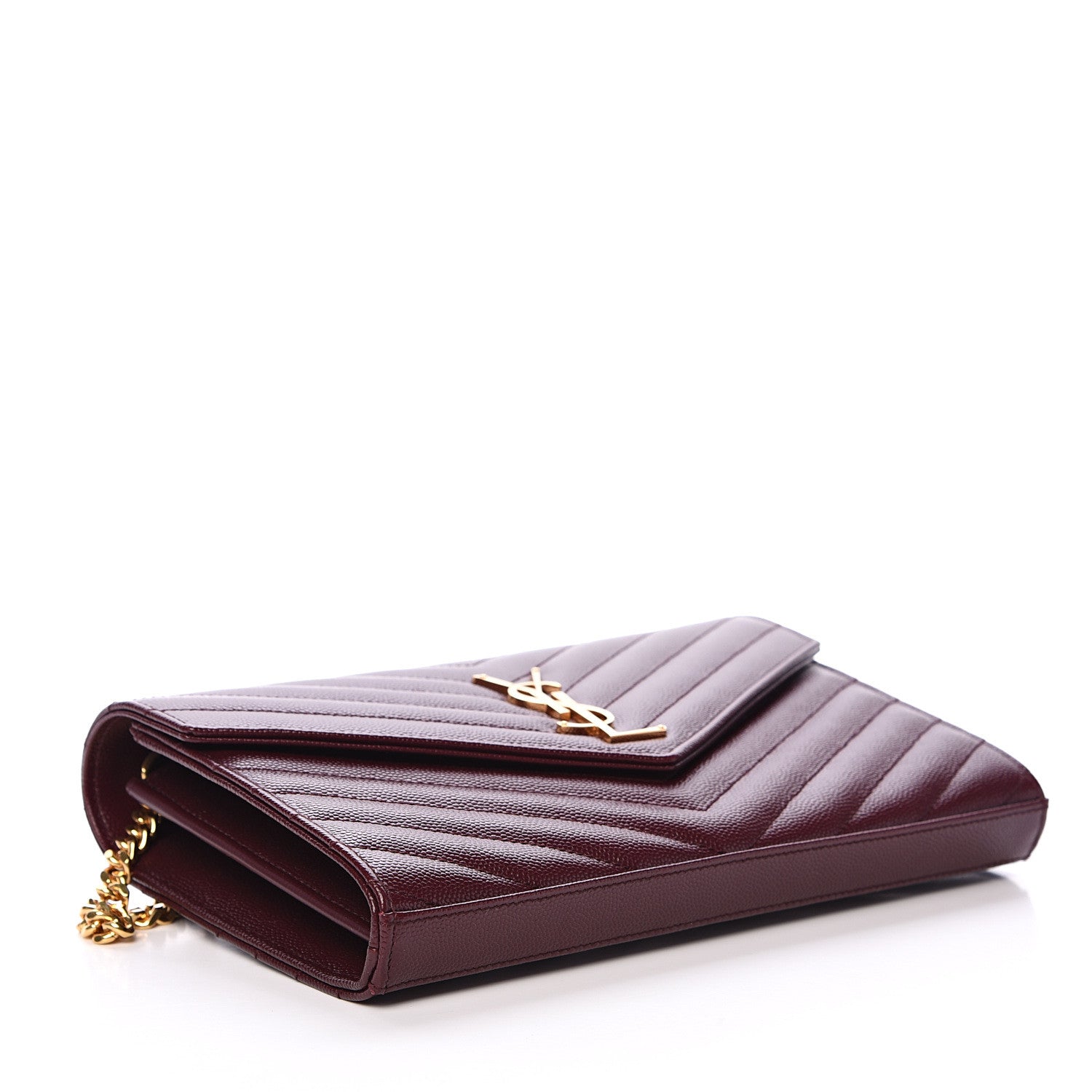Saint Laurent Grain De Poudre Matelasse Chevron Monogram Chain Wallet Rouge Legion 3 of 10