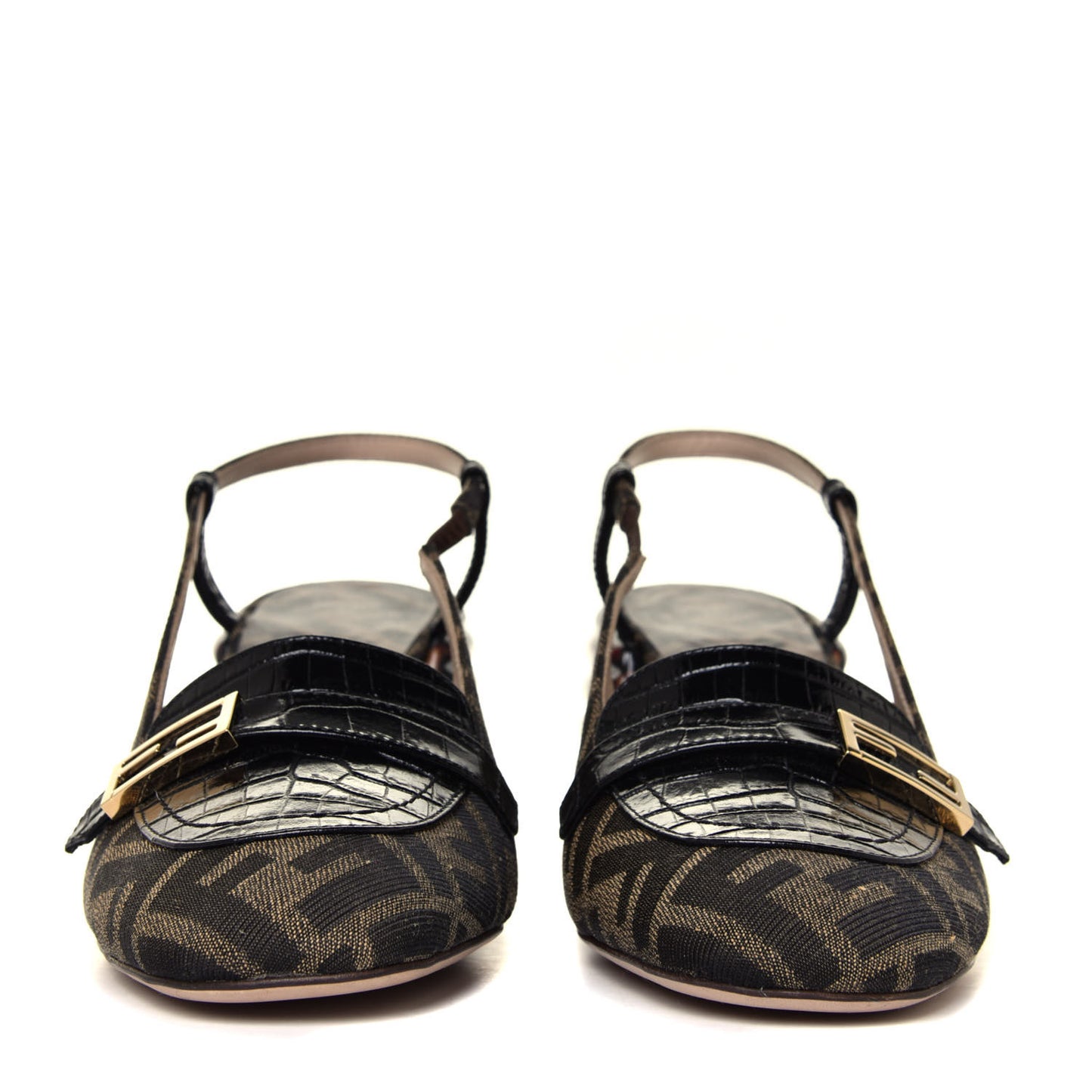 Jacquard Calfskin FF Tortoise Promenade Slingback Loafer Pumps 39.5 Tobacco