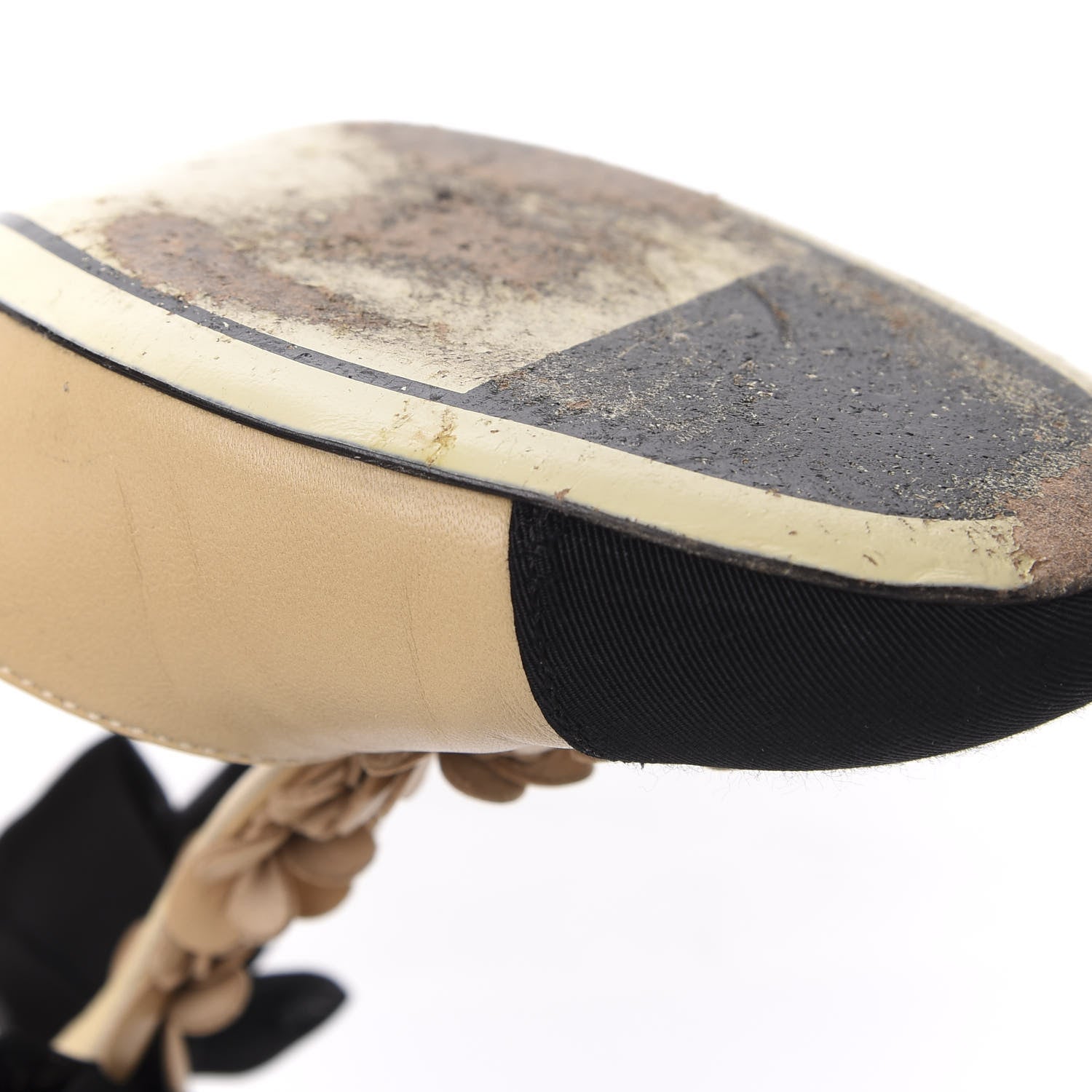 Chanel Lambskin Patent Grosgrain Pearl Camellia Pumps 37 Beige Black 13 of 18