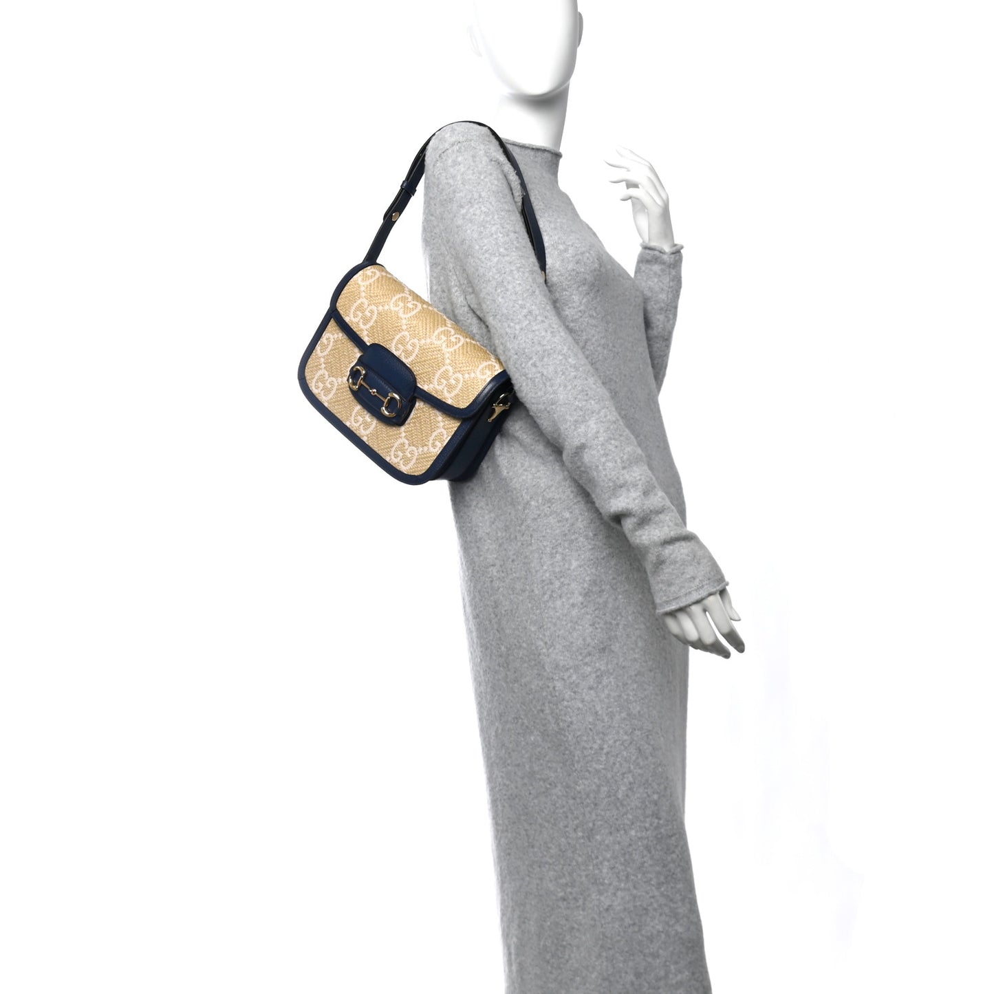Raffia Textured Dollar Calfskin GG Monogram Horsebit 1955 Shoulder Bag Natural Mystic White Blue Agata