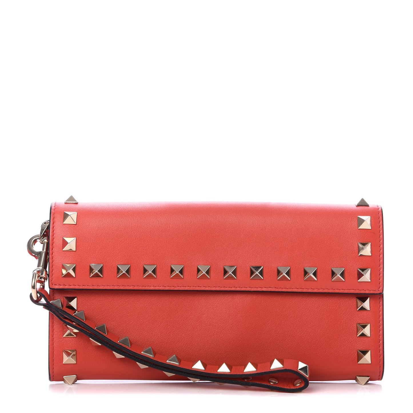 Calfskin Rockstud Wristlet Travel Wallet Deep Coral