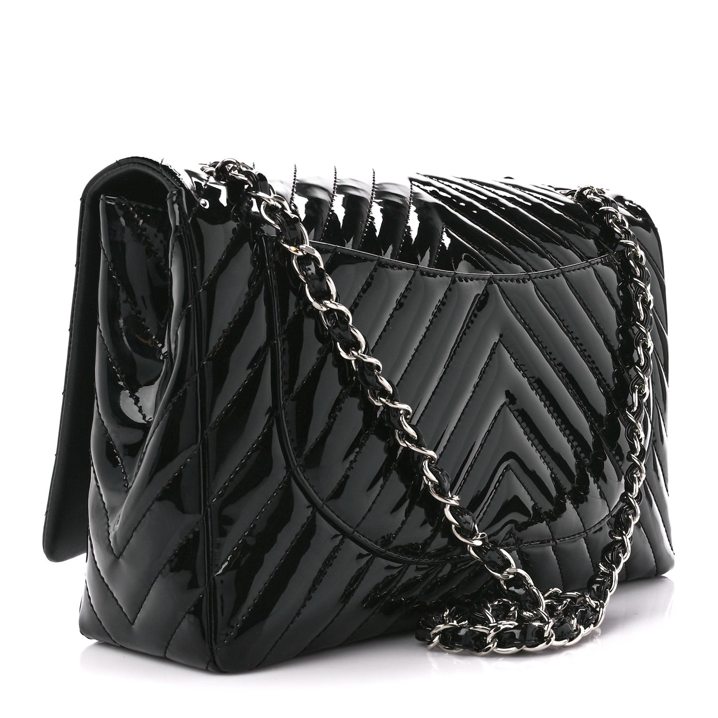 Patent Chevron Quilted Maxi Single Flap Black