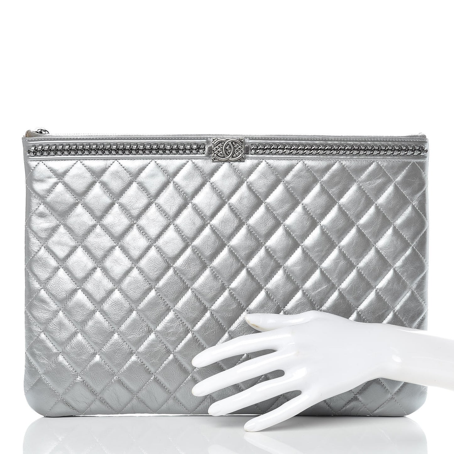 Calfskin Quilted Large Boy Chain Around Cosmetic Case Silver