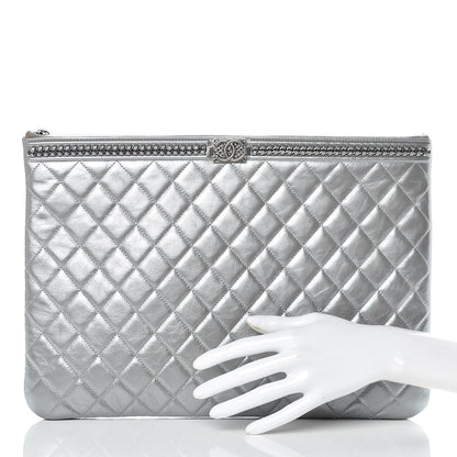 Chanel Calfskin Quilted Large Boy Chain Around Cosmetic Case Silver 2 of 12