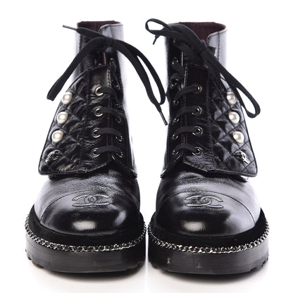 Chanel Crackled Calfskin Velvet Pearl Combat Short Boots 38 Black 2 of 9