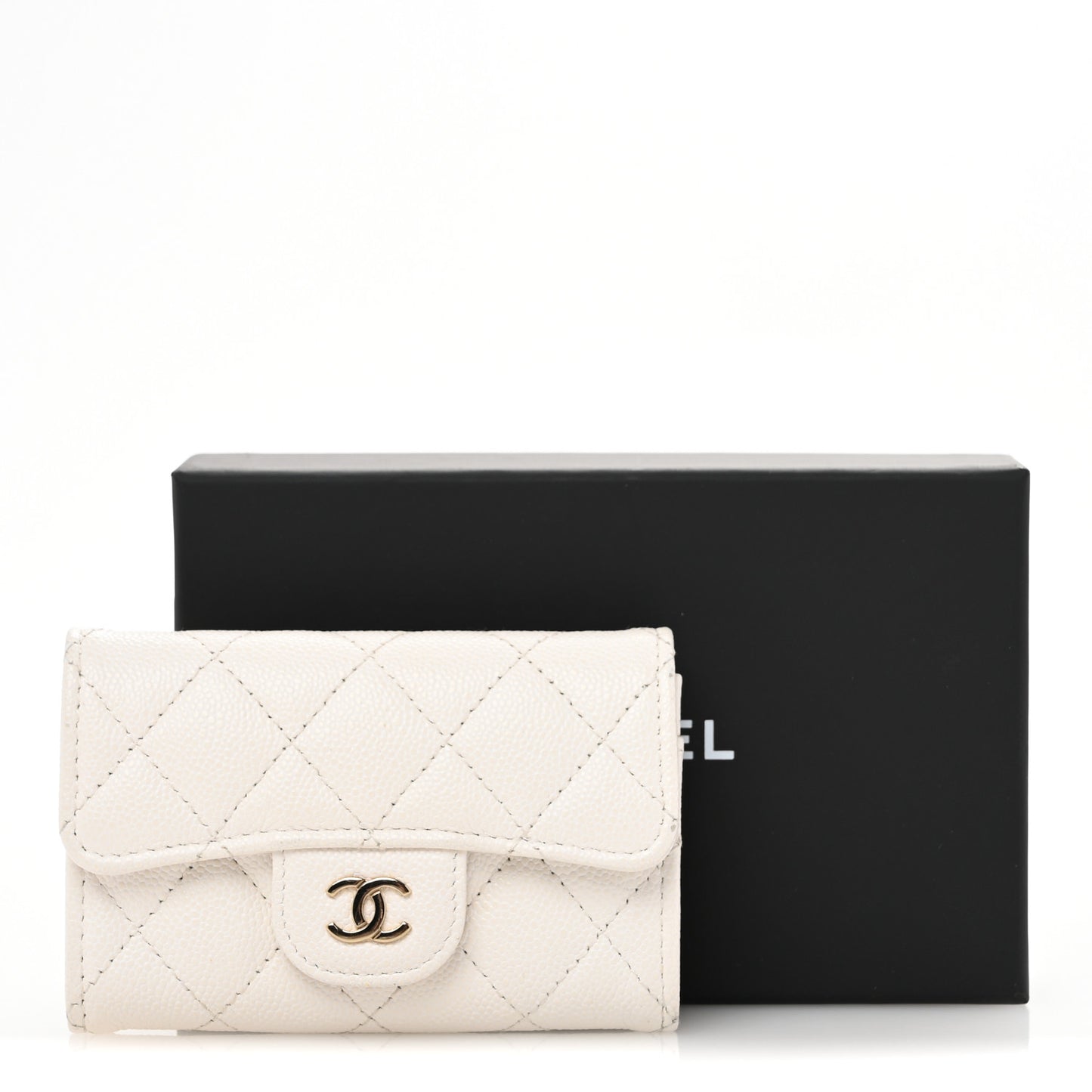 Caviar Quilted Flap Card Holder Wallet White