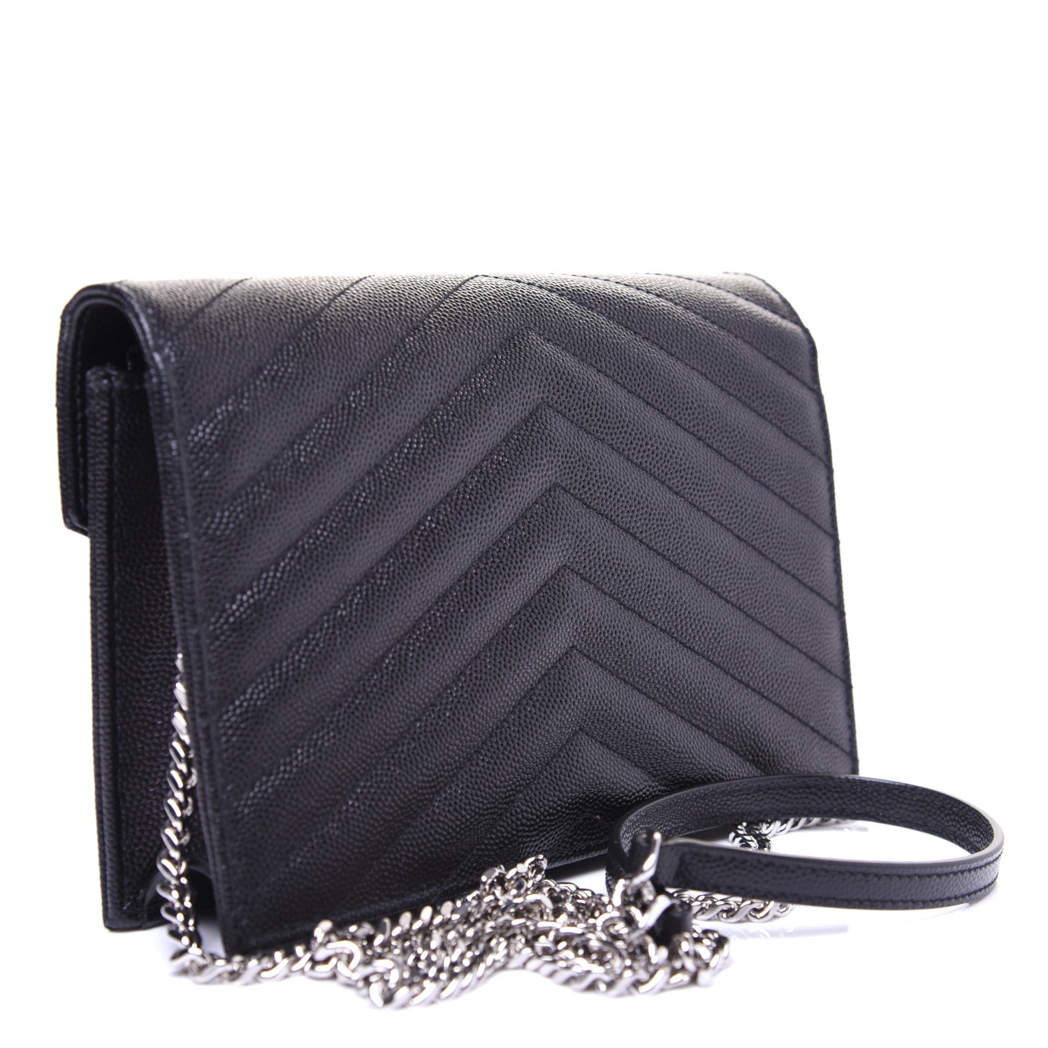 Saint Laurent Grain De Poudre Matelasse Chevron Monogram Envelope Chain Wallet Black 3 of 12