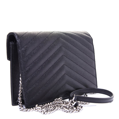 Saint Laurent Grain De Poudre Matelasse Chevron Monogram Envelope Chain Wallet Black 3 of 12