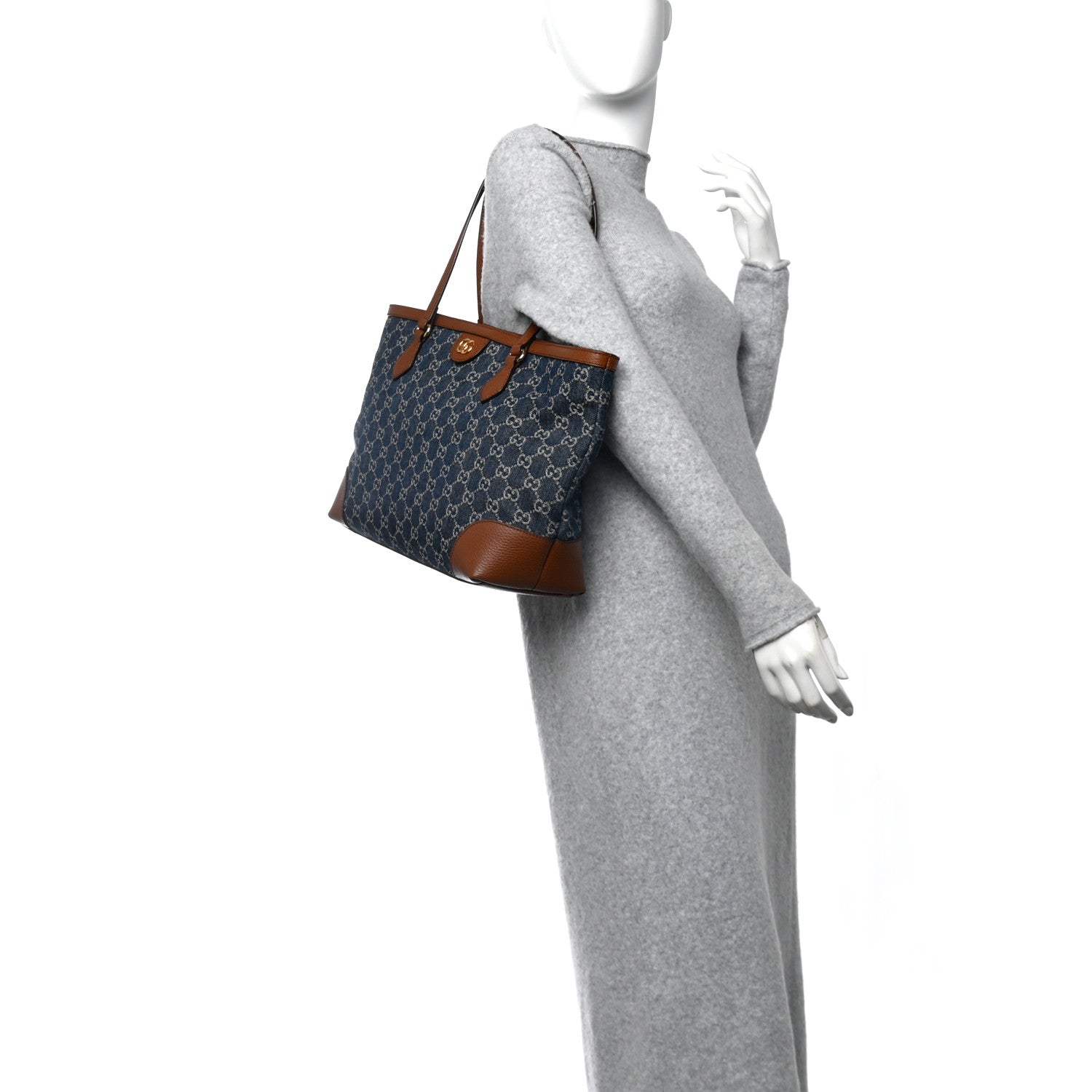Gucci New Denim GG Monogram Medium Ophidia Shopping Tote Blue Tea Cuir 2 of 11