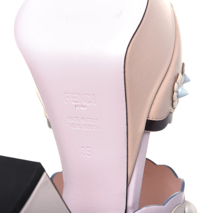 Fendi Calfskin Scalloped Pearl Studded Flower Embellished Platform Sandals 35 Beige Multicolor 6 of 14