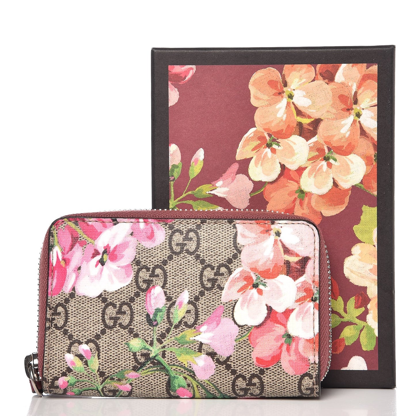GG Supreme Monogram Blooms Zip Around Card Case Wallet Beige Multicolor Dry Rose