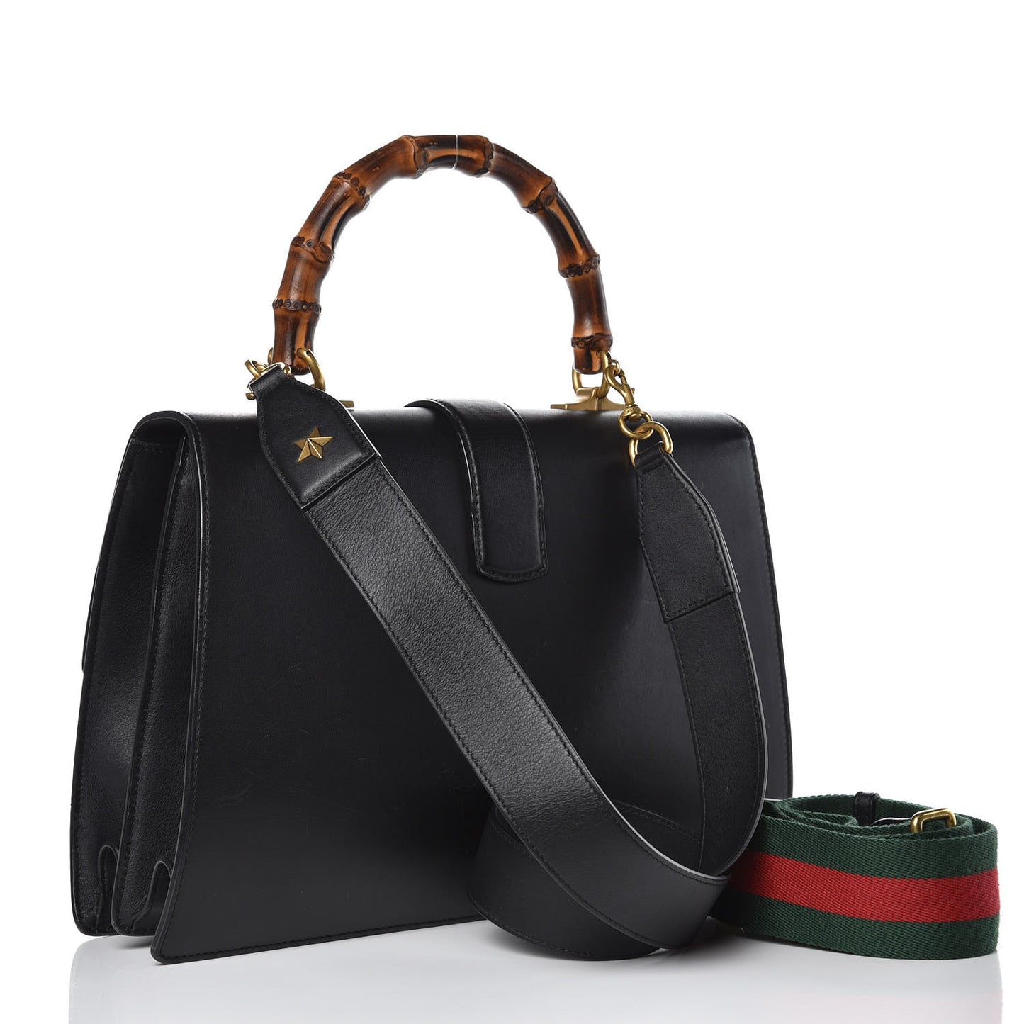 Calfskin Bamboo Web Large Dionysus Top Handle Bag Black Bright Evergreen Hibiscus Red