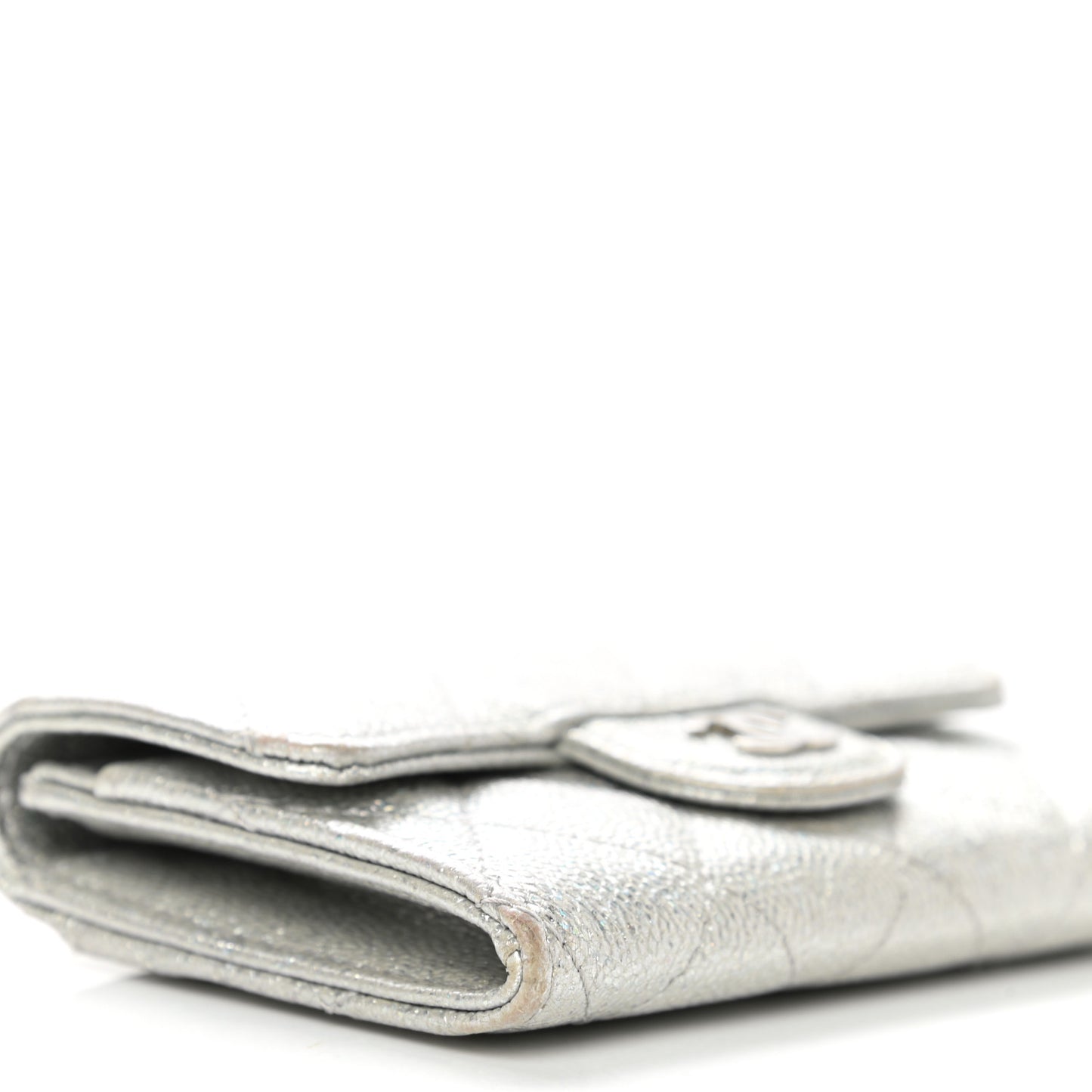 Glittered Metallic Caviar Quilted Flap Card Holder Wallet Silver