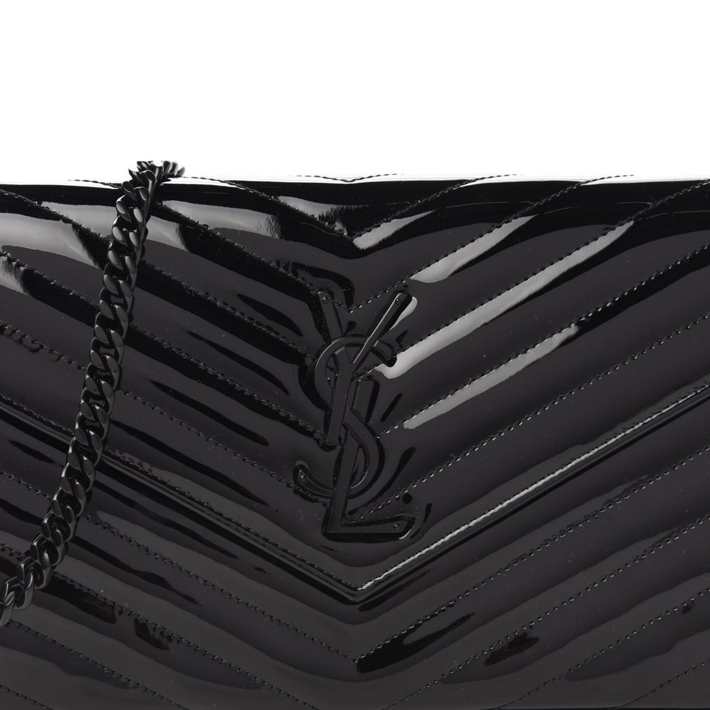 Patent Matelasse Chevron Monogram Chain Wallet Black