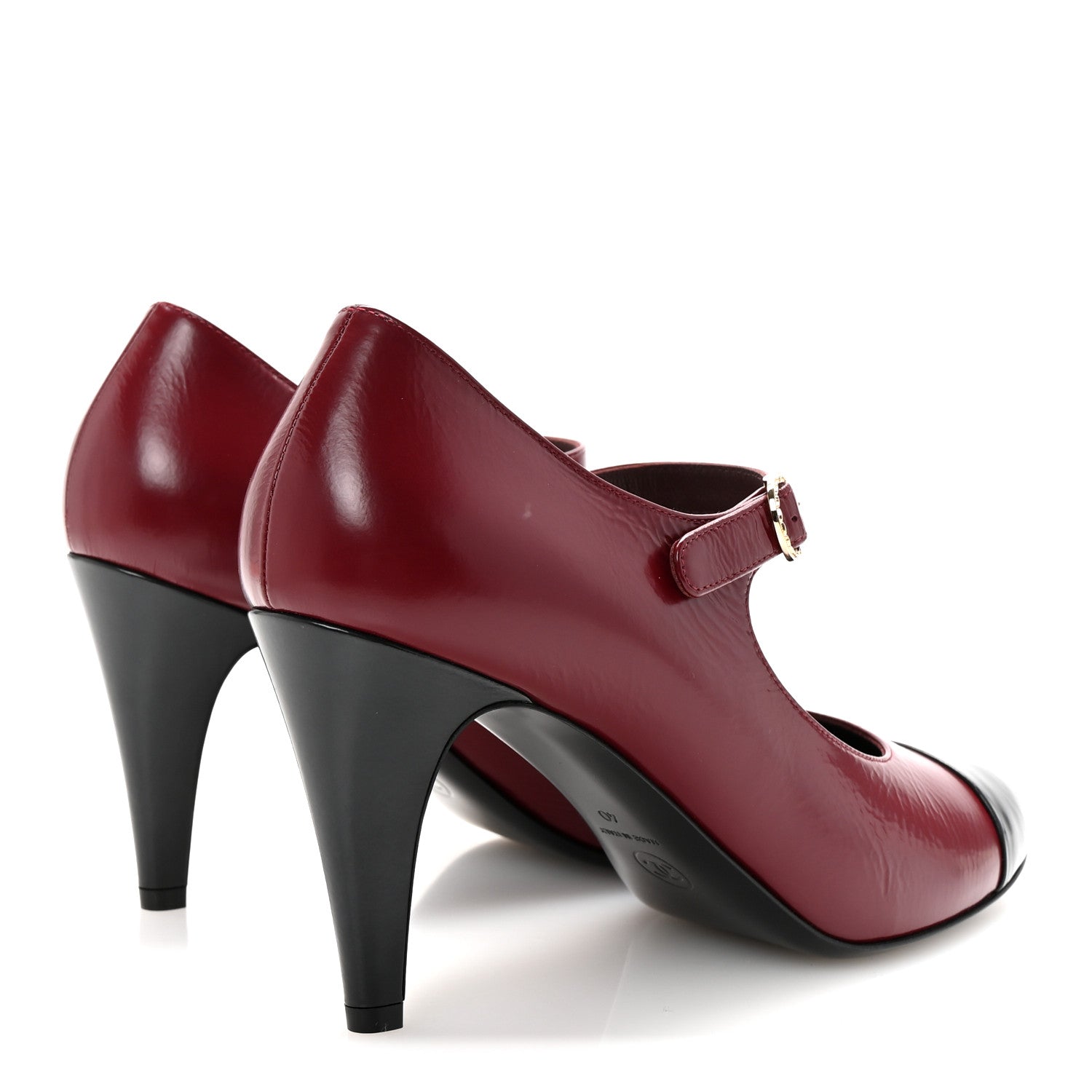 Chanel Shiny Goatskin Cap Toe Mary Jane Pumps 40 Burgundy Dark Grey 5 of 10