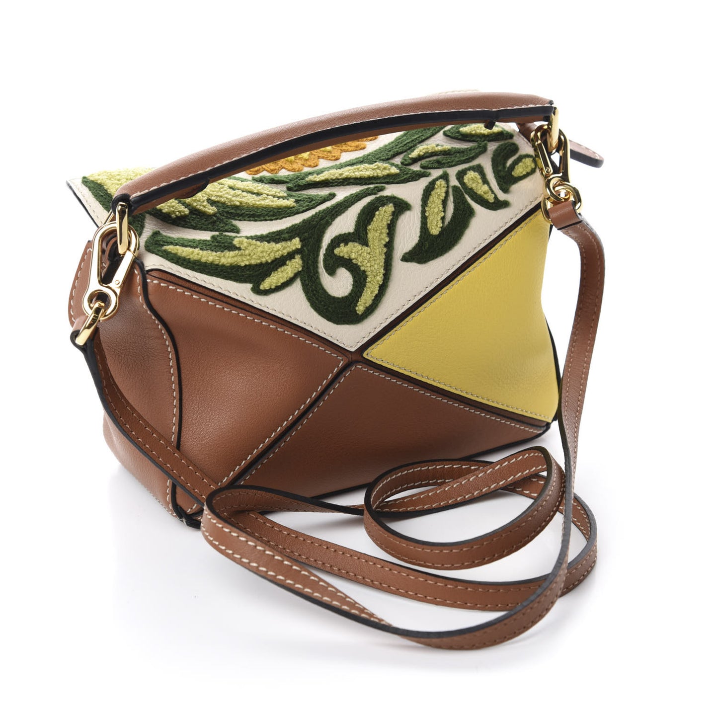 Calfskin Embroidered Floral Mini Puzzle Bag Tan Yellow