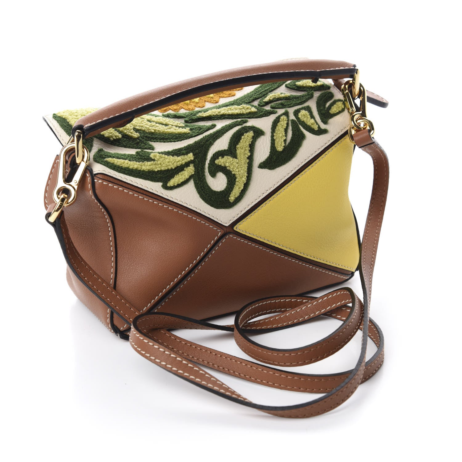 Loewe Calfskin Embroidered Floral Mini Puzzle Bag Tan Yellow 3 of 10