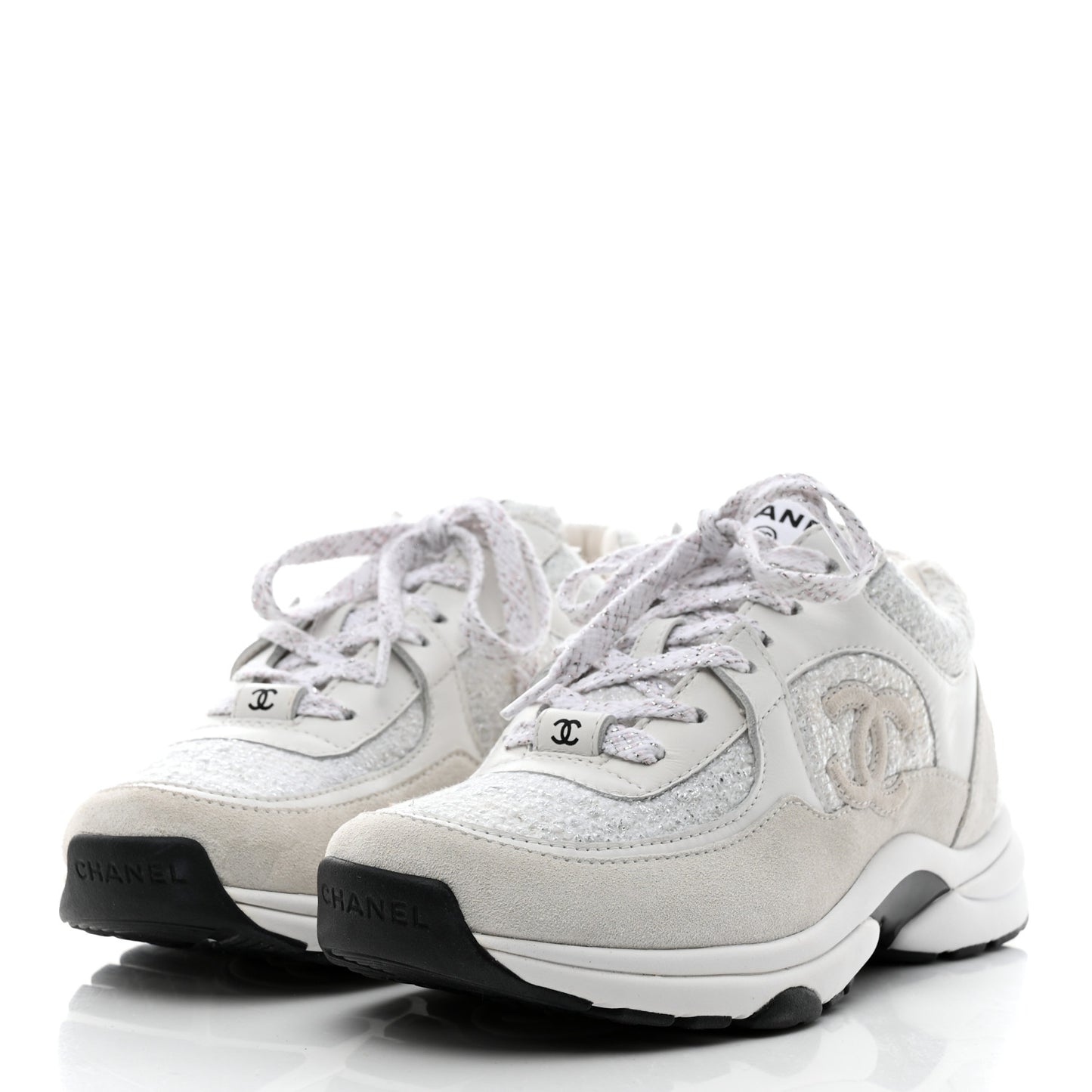Painted Iridescent Cotton Tweed Suede Womens CC Sneakers 37 White Silver Multicolor