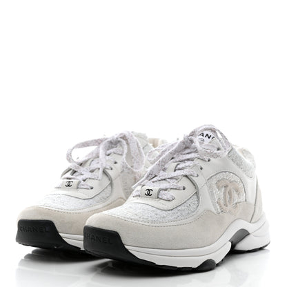 Chanel Painted Iridescent Cotton Tweed Suede Womens CC Sneakers 37 White Silver Multicolor 3 of 11