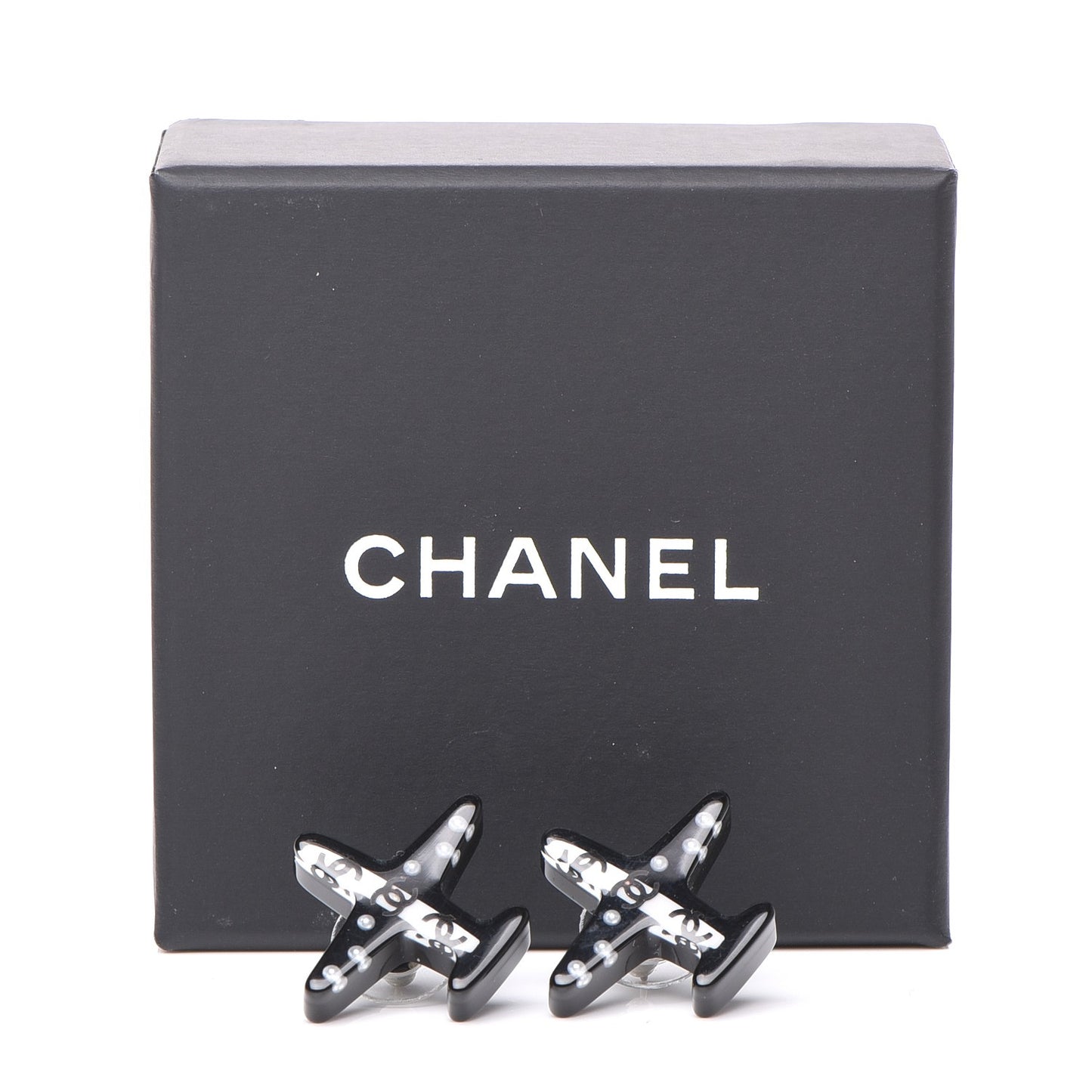 Resin Pearl CC Airplane Earrings Black White