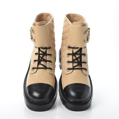 Chanel Lambskin Calfskin Quilted Lace Up Combat Boots 36.5 Beige Black 7 of 11